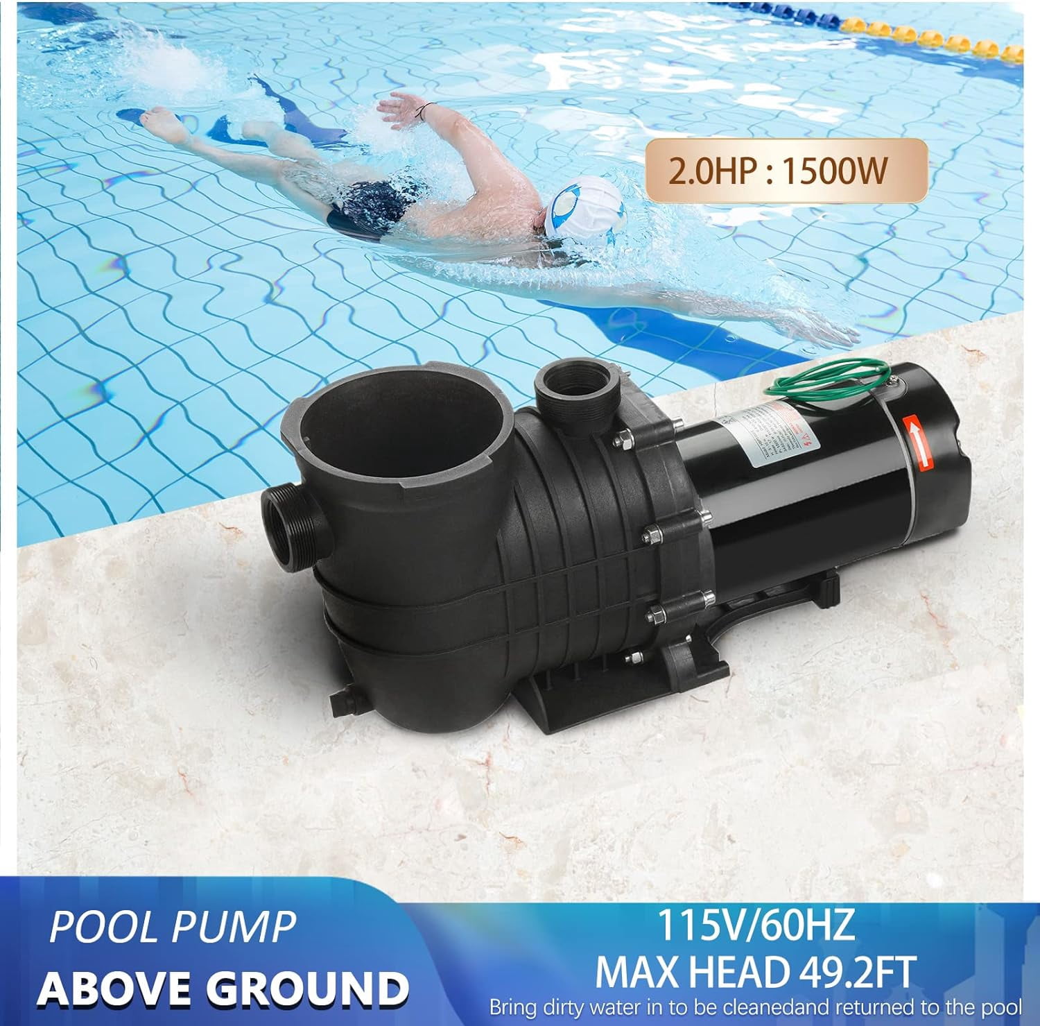 PRIJESSE 2.0HP In/Above Ground Pool Water Pump Swimming Pool Pump Dual Voltage 120V/220V 1500W