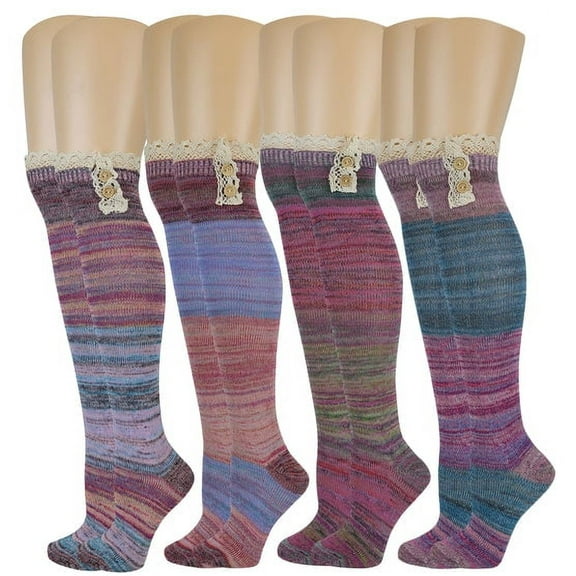 Sumona 4 Pairs Women Assorted Color Over the Knee Socks with Buttons and Lace
