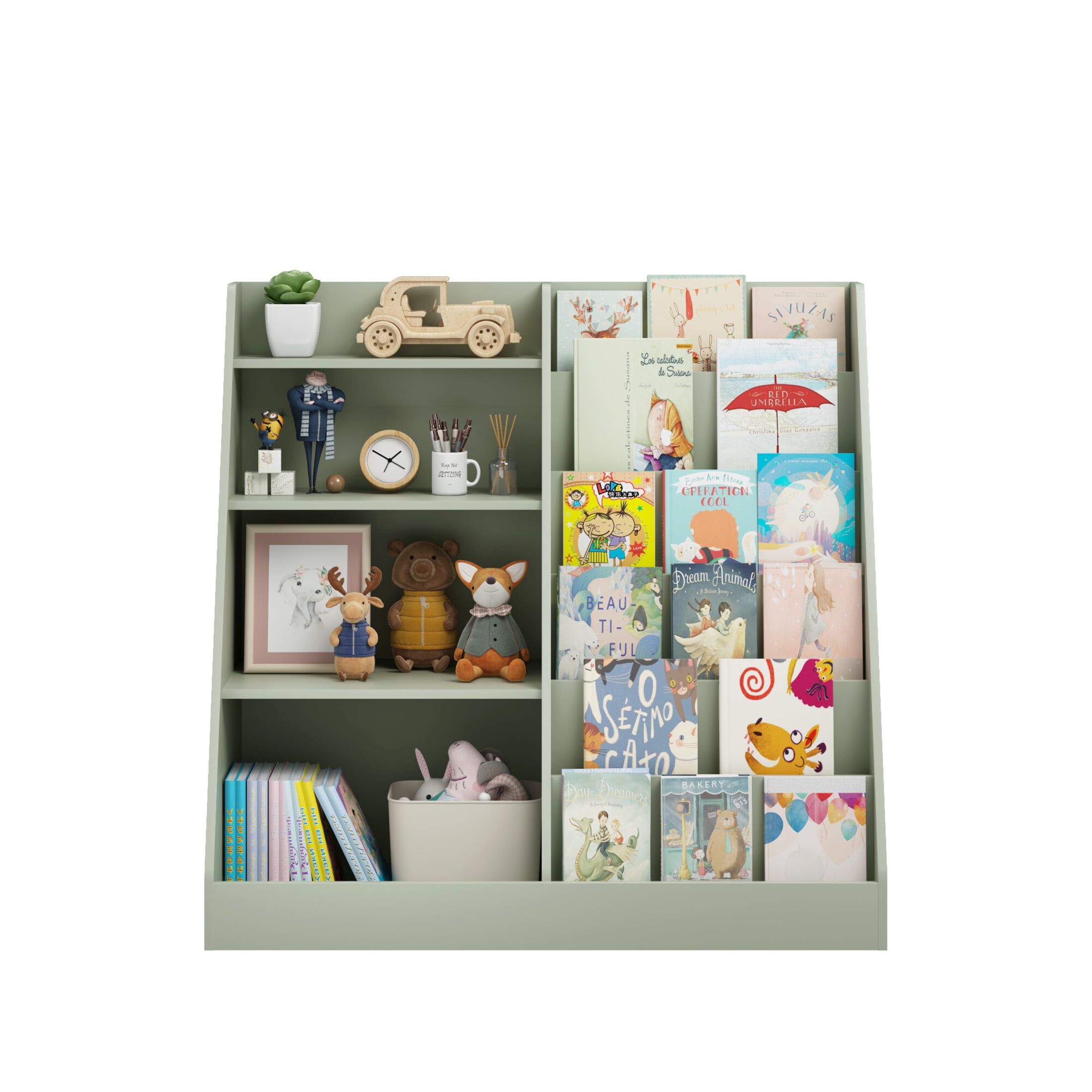 Noble House Aldo 4-Tier Wooden Bookshelf, Multifunctional  Toy Storage Organizer in Kids Room, Display Stand, Sage