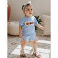 thumbnail image 4 of RUINIXCW Toddler Baby Girl Halloween Outfit Kids Little Girl Summer Fall Clothes Pumpkin Football Embroidery Short Sleeves T-Shirt and Plaid Ruffles Shorts Set, 4 of 9
