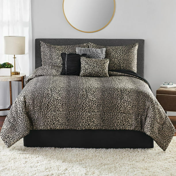 Mainstays Cheetah Jacquard Embroidered Comforter Set, King, 7-Pieces ...