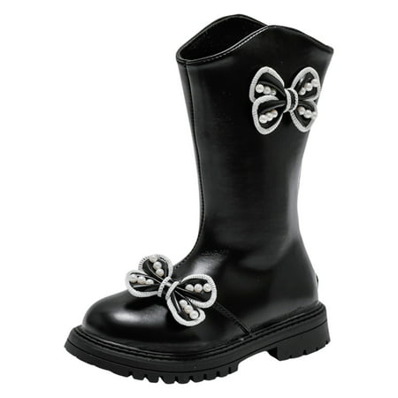 

Children Fashionable Thick Soled Boots Fashionable Baby Soft Soled High Top Bow Princess Boots Black 9 Years-9.5 Years