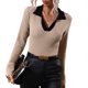 thumbnail image 1 of Suéter de manga acampanada para mujer, elegante, ajustado, con cuello en V, cuello vuelto, jersey de punto acanalado, camisa para el trabajo, color caqui XL, 1 of 8