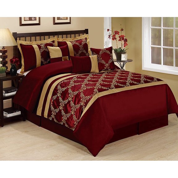HIG 7 Piece Burgundy and Gold Faux Silk Fabric Embroideried Bedding Set, King