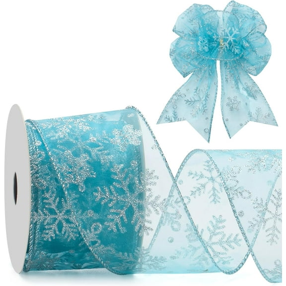 Snowflake Glitter Wired Ribbon for Christmas Tree, Gift Wrapping, 2.5 Inch x 10 Yards Sheer Organza Ribbon with Glitter Snowflake Pattern for Crafts, Bows Making, Garlands