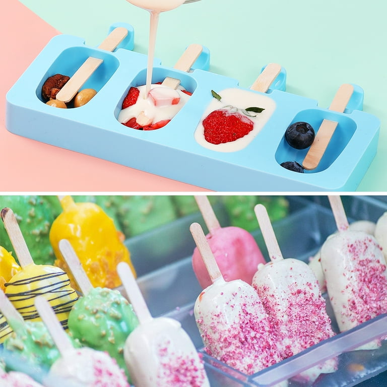 Popsicle Molds Set of 2, Large Cakesicles Silicone Mould Ice Cream Mold  Oval Cake Pop Mold with 100 Wooden Sticks for DIY Popsicle (White)