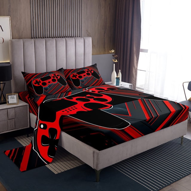 YST Game Sheets 3D Gamer Controller Bed Sheets Set Gaming Room Decor, Black and Red Gaming Gamer Sheet Set Cool Video Game Bed Set with 2 Pillowcases, Queen