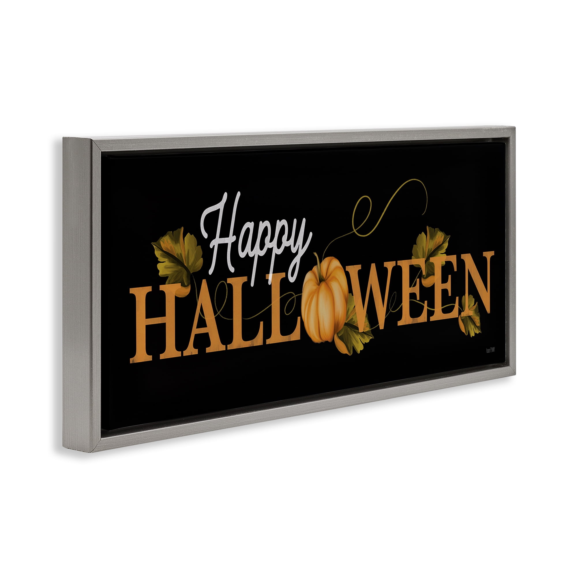 Stupell Industries Happy Halloween on Black Holiday Painting Gray Floater Framed Art Print Wall Art, 31 x 14