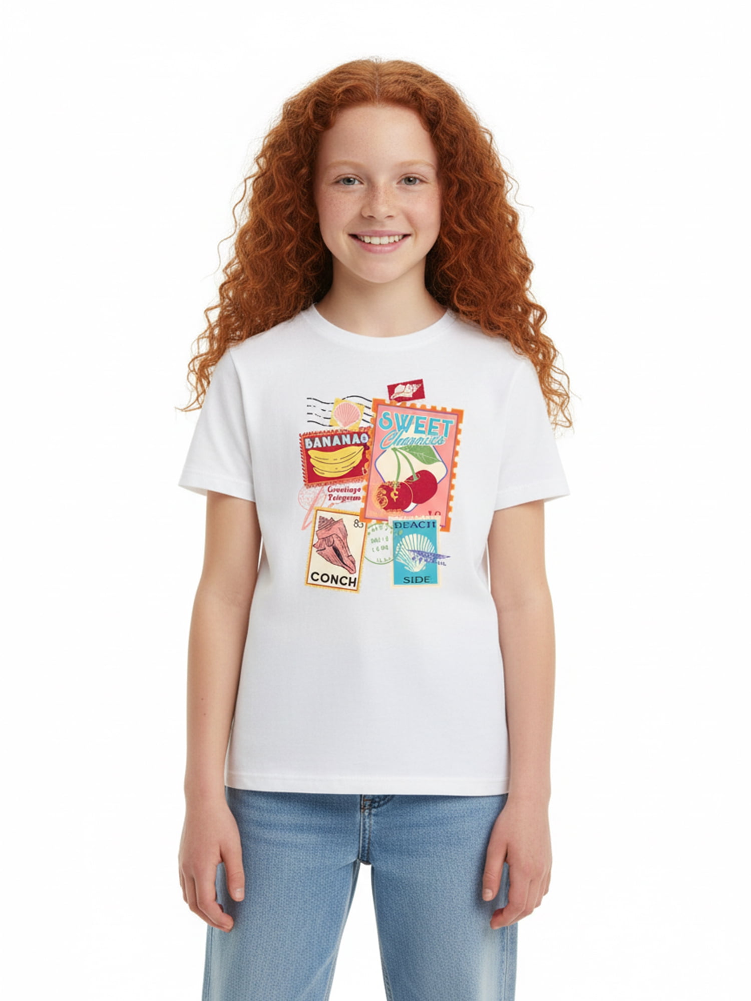 Wonder Nation Girls Vintage Stamps Graphic Tee with Short Sleeves, Sizes 4-18