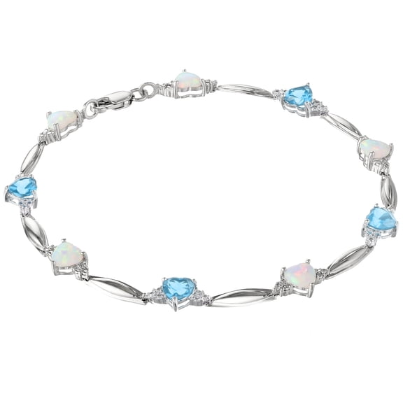 5MM Heart Opal and Blue Topaz .01 cttw Diamond Sterling Silver Bracelet