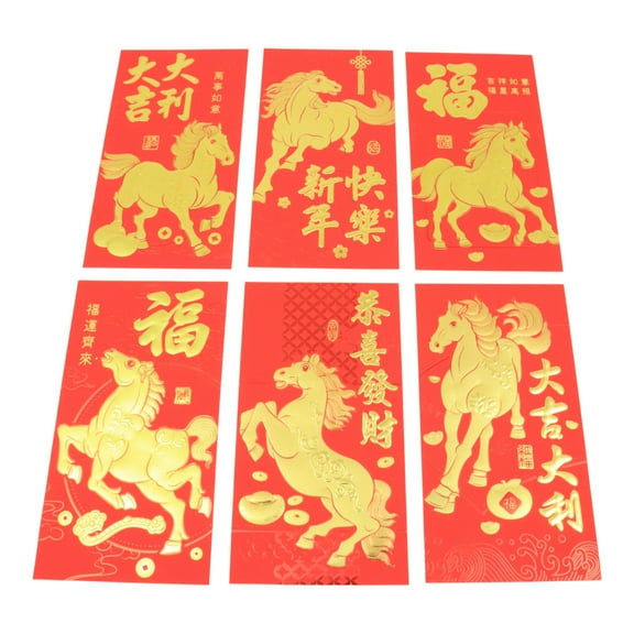 Pack of 6 Pcs Big Chinese Lucky Money Red Envelopes for Lunar Year of Horse