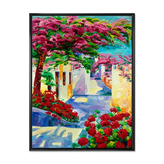 Designart 'Colorful Traditional Santorini Houses Among Flowers' Nautical & Coastal Framed Canvas Wall Art Print