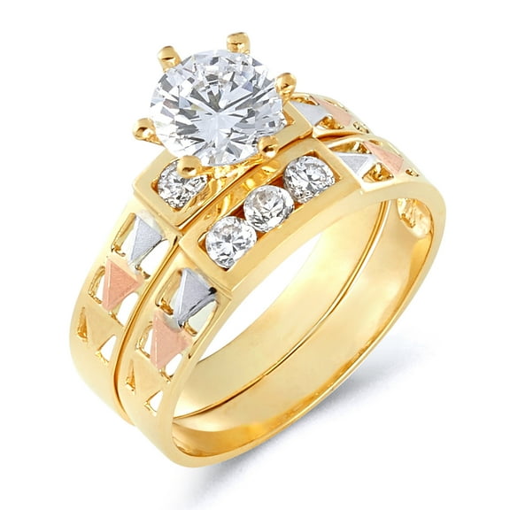 Wellingsale Ladies Solid 14k Tri 3 Color Gold Polished CZ Cubic Zirconia Round Cut Engagement Ring and Wedding Band Bridal Set - Size 4