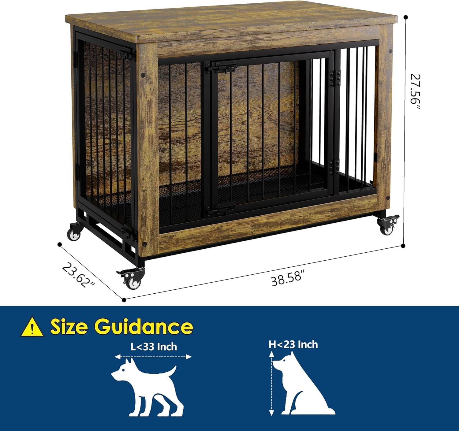 Home Indoor 38.6 Inch Wooden Pet Dog Crate Furniture, Three-Door Design with Wheels, Kennel and Side Table, Includes Removable Tray, Suitable for Small to Medium Dogs, Easy to Clean