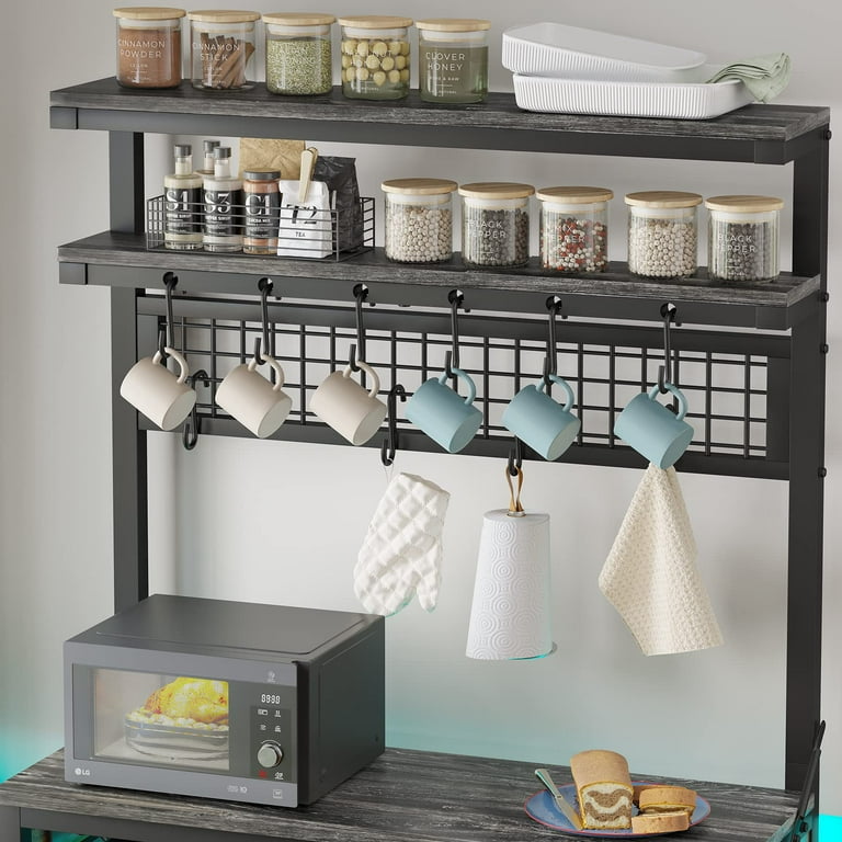 17 Stories 35.4” Bakers Coffee Bar Station Kitchen Storage Rack with Power  Outlet, Microwave Stand, Wire Basket, 6 S-Hooks, Kitchen Shelves & Reviews