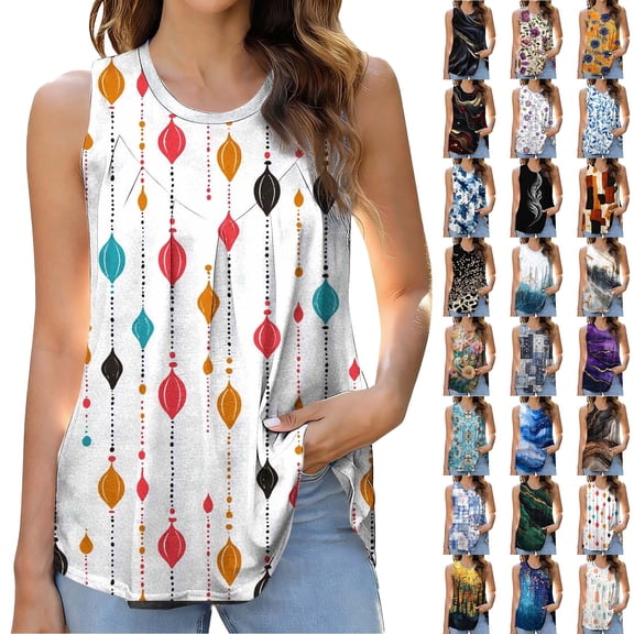 Wiyuqeen Women's Tank Tops Summer Tunics Pleated Casual Sleeveless Shirts Ladies Loose Fit Blouses Crew Neck Boho Graphic Tees