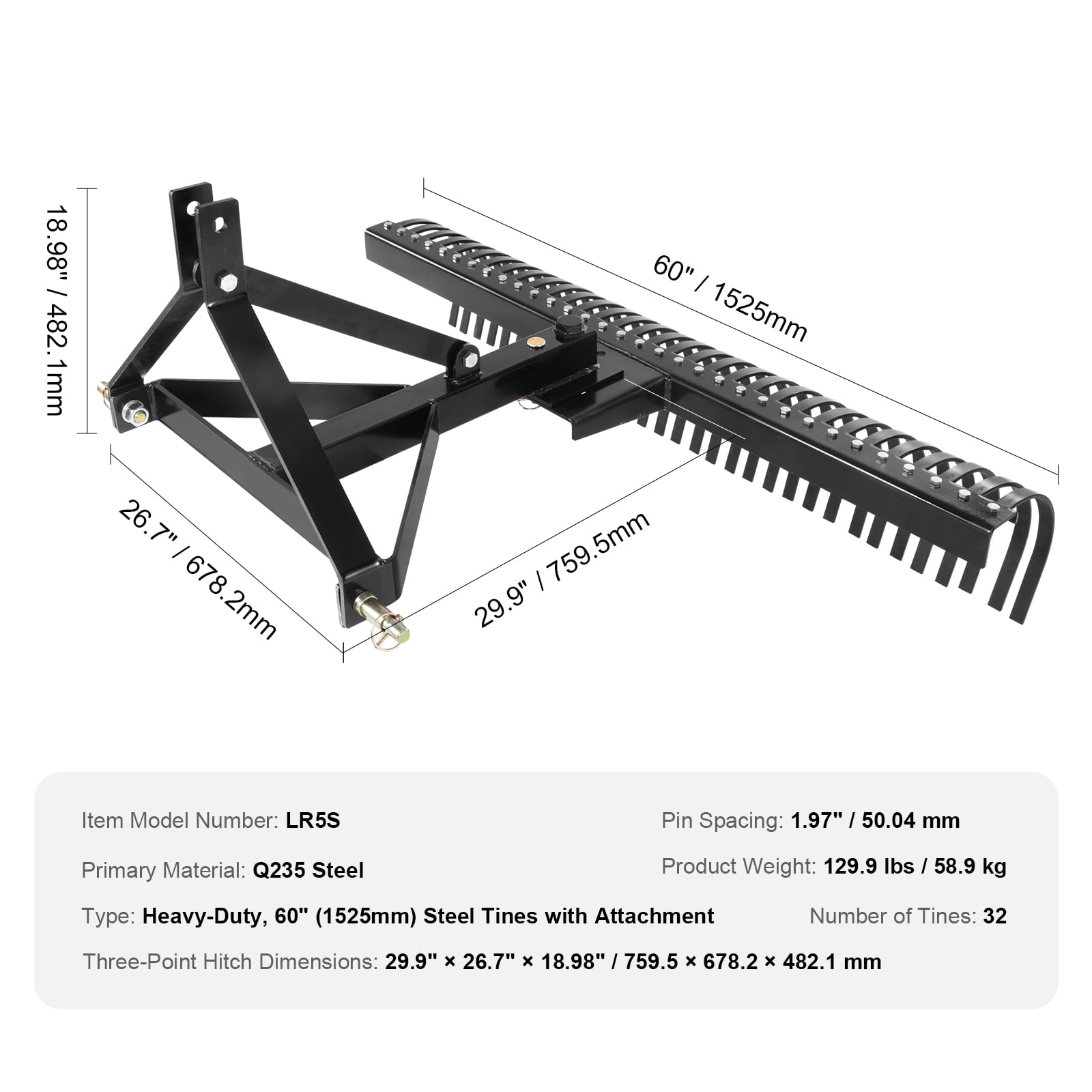 KFFKFF Pull-Behind Thatch Remover, 60" Width, Equipped with 32 Durable Steel Prongs, Tractor-Compatible 3-Point Hitch Garden Rake, Ideal for Soil Preparation and Grass Maintenance