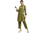 thumbnail image 3 of eloria Women's Fashion Solid Collared Neck Design Kurti WithTrouser, Fabric : Cotton, Color : Olive, Size : Medium, 3 of 8