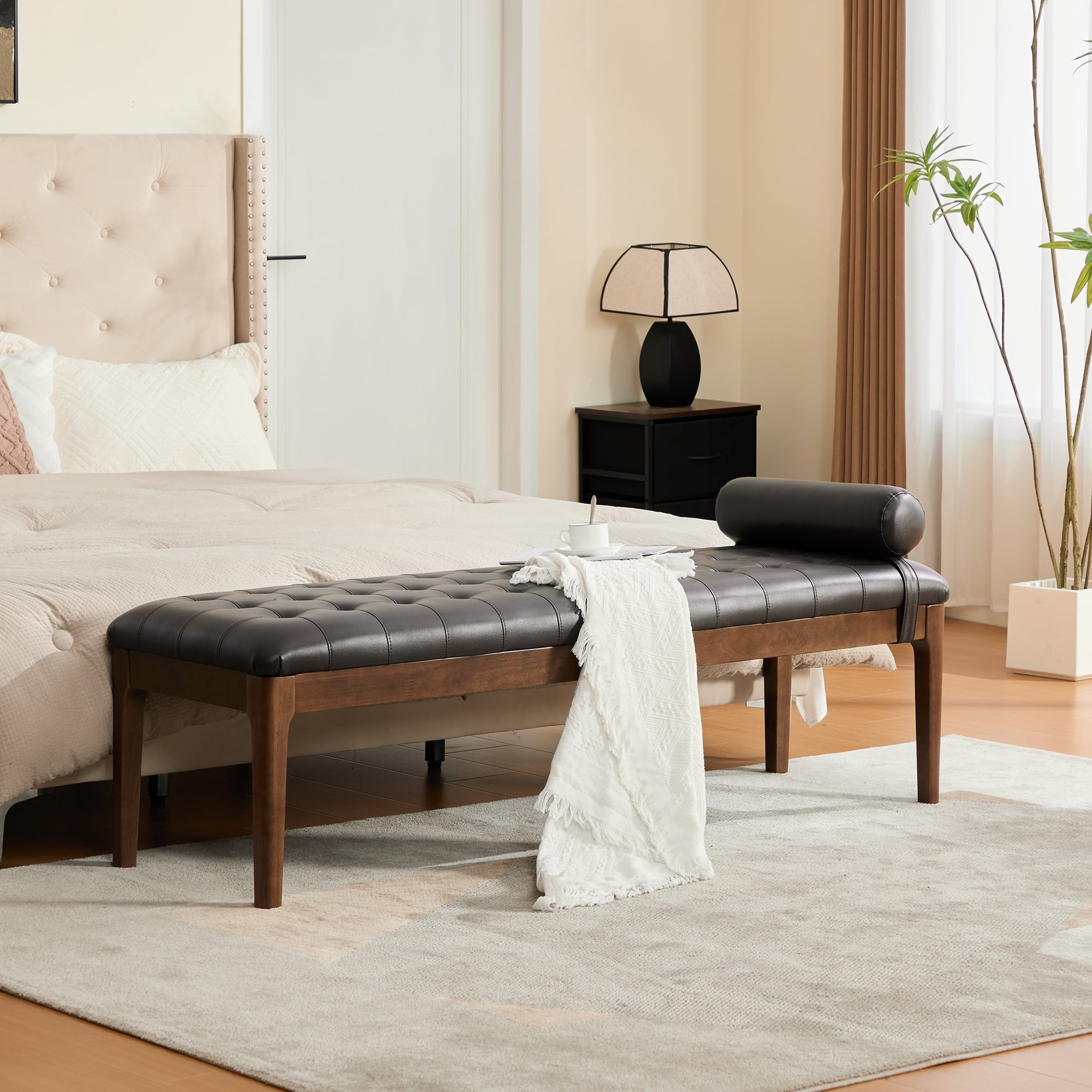 Aukfa 66" Upholstered Faux Leather Bedroom Bench with Button Tufted Design and Bolster Pillow,Solid Rubberwood,Coffee