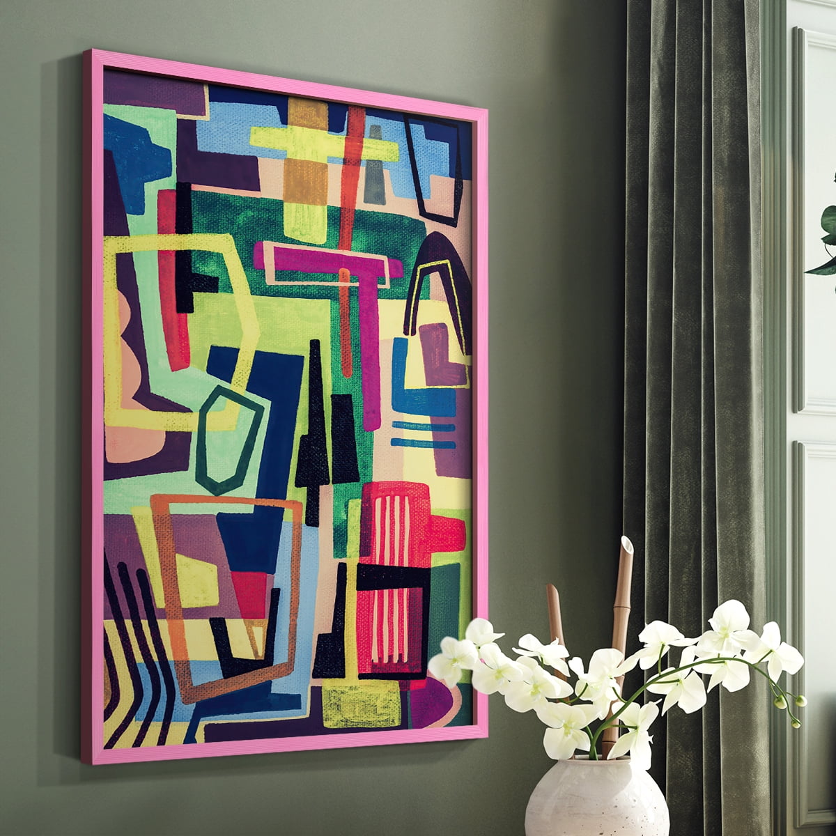Connected Colors I Framed Print in Pink Solid Wood Framed Print No Nail Hanging