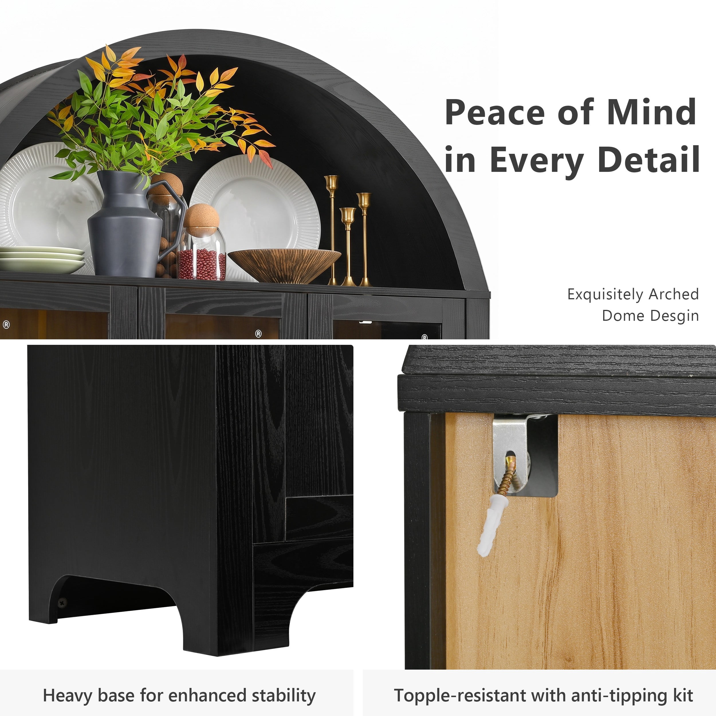 Aukfa 73" Arched Pantry Cabinet with 3 Glass Doors, Adjustable Shelves for Kitchen & Dining Room, Black