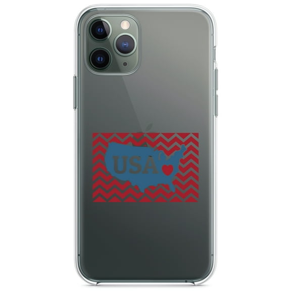 DistinctInk Clear Shockproof Hybrid Case for iPhone 11 (6.1" Screen) - TPU Bumper Acrylic Back Tempered Glass Screen Protector - USA Map Heart Chevron Flag