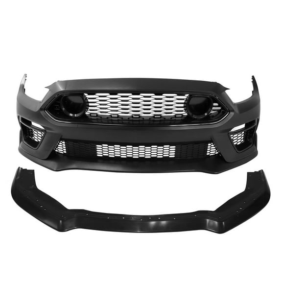 Ikon Motorsports Front Bumper Covers W/ Chin Lip Fits 2015-2017 Ford Mustang EcoBoost/GT/3.7L V6 Mach 1 Style Unpainted Black PP Replacement Bumper Conversion Bodykits W/ Fog Covers Grilles