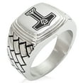 thumbnail image 1 of Stainless Steel Valknut Mjolnir Thor's Hammer Geometric Pattern Step-Down Biker Style Polished Ring, 1 of 1
