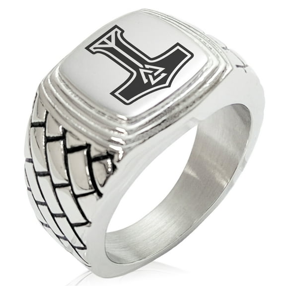 Stainless Steel Valknut Mjolnir Thor's Hammer Geometric Pattern Step-Down Biker Style Polished Ring