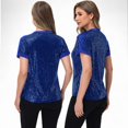thumbnail image 3 of Women's Sequin Short Sleeve Top with Satin Trim V-Neckline and Rolled Cuffs - Small, Royal Blue, 3 of 7