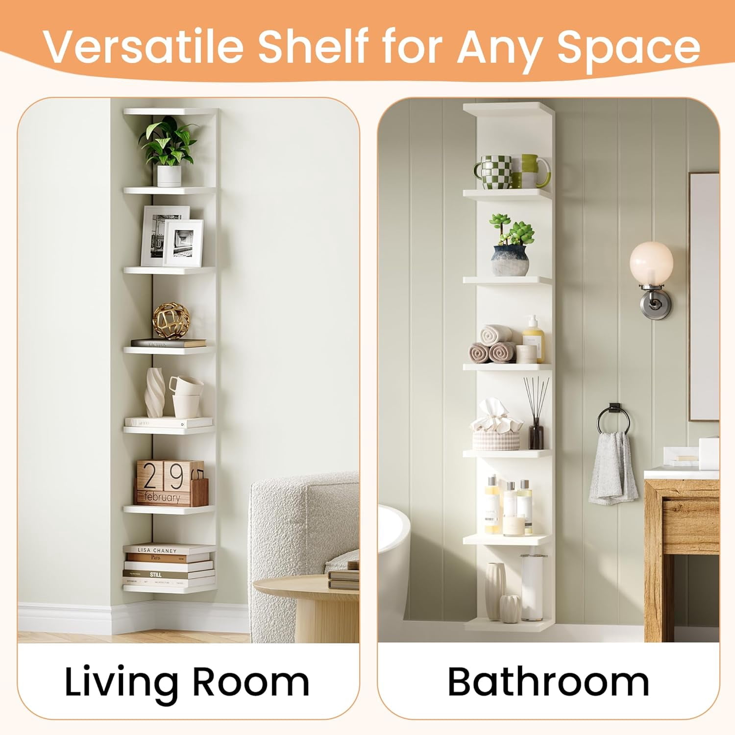 upsimples 7-Tier Floating Wall Shelf, White Wall Mounted Display and Storage Shelf, Decorative Shelves for Bedroom, Living Room, Bathroom, and Office