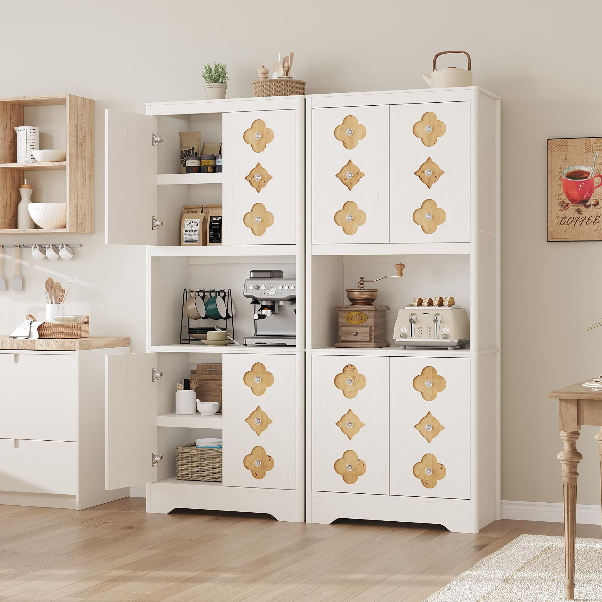 Kitchen Pantry Cabinet, 72" Tall Storage Cabinet with Countertop, Freestanding Wooden Hutch Cupboard with Carved Door & Crystal Handle, for Dining Room, Living Room