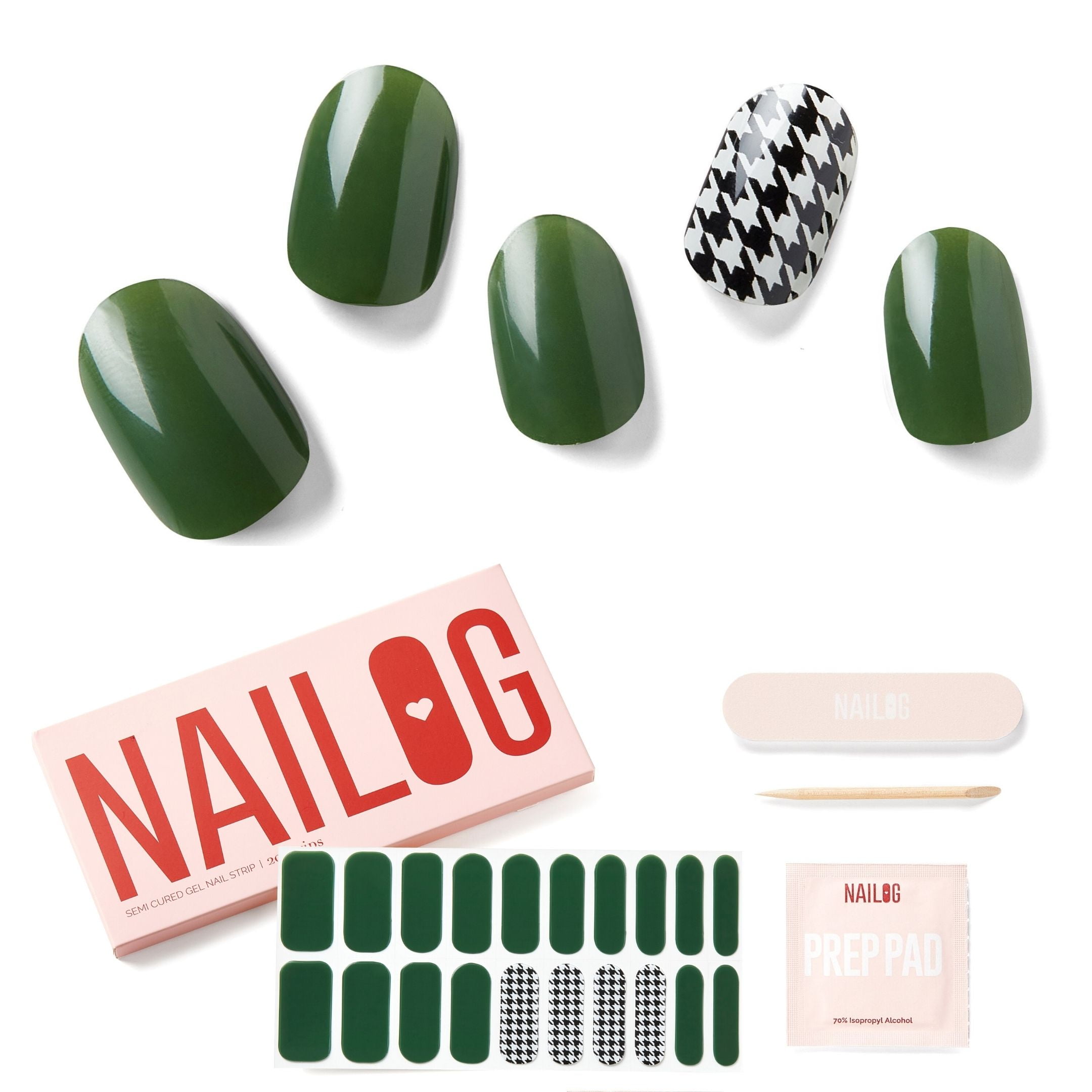 nailog semi cured gel nail strips brigitte 20 pieces of ultra glossy long lasting gel nail stickers wraps dark green houndstooth print walmart com