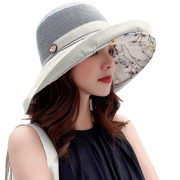 Women's Mesh Sun Hats Summer Beach UV UPF Packable Wide Chin Strap Large Eave Hat Folding Portable Sunshade Hat Fisherman Hat