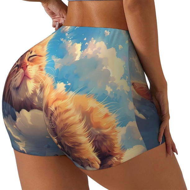 Fotbe Cloud Sleeping Cat Shorts Sin Costuras – Shorts Deportivos de Cintura Alta para Mujer, Elásticos para Gimnasio, Yoga, Running o Ciclismo-Medium