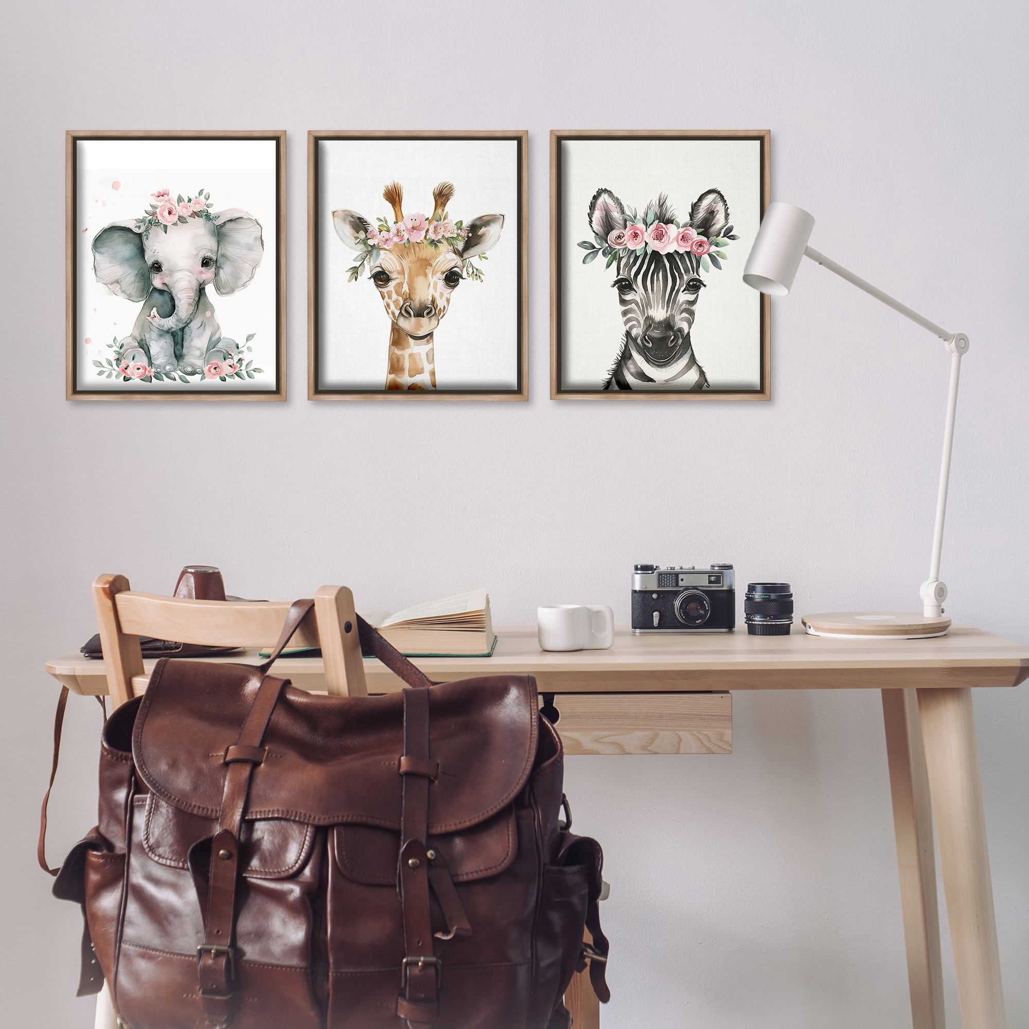 Stupell Industries Pink Rose Jungle Animals Animals Painting Brown Floater Framed Canvas Art Print Wall Art, 17 x 21, Set of 3