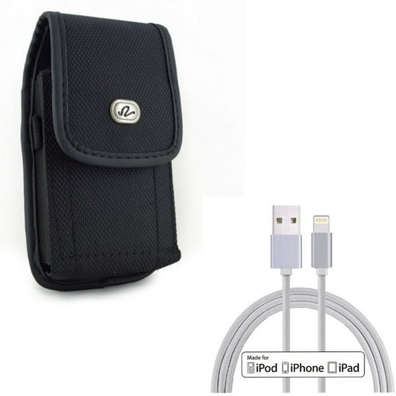 MFi USB Cable w Case Belt Clip for iPhone 8/7/6S/6 - 6ft Certified Charger Cord Power Wire, Rugged Holster Canvas Cover Pouch for iPhone 8/7/6S/6 Models