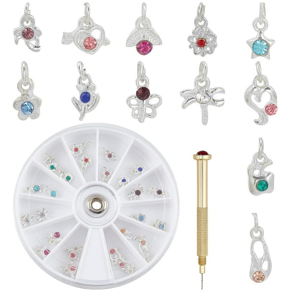 24pcs Dangle Nail Art Accessories Nail Jewelry Rings with Nail Piercing Tool Nail Drill Alloy Manual Drill