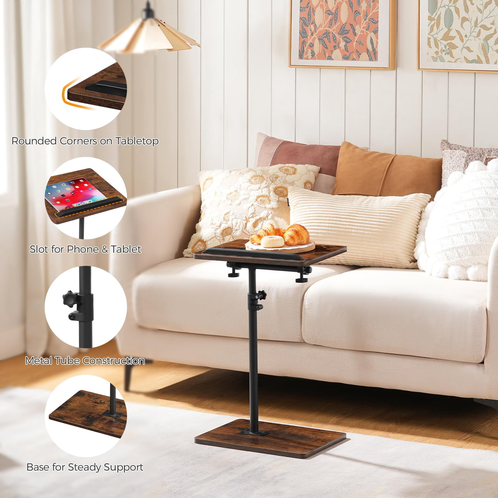 Adjustable Height C Shaped End Table, 360° Swivel Vintage Rustic Wood End Table, Includes Tablet Phone Slot Laptop Snack Side Table for Living Room Bedroom Small Space