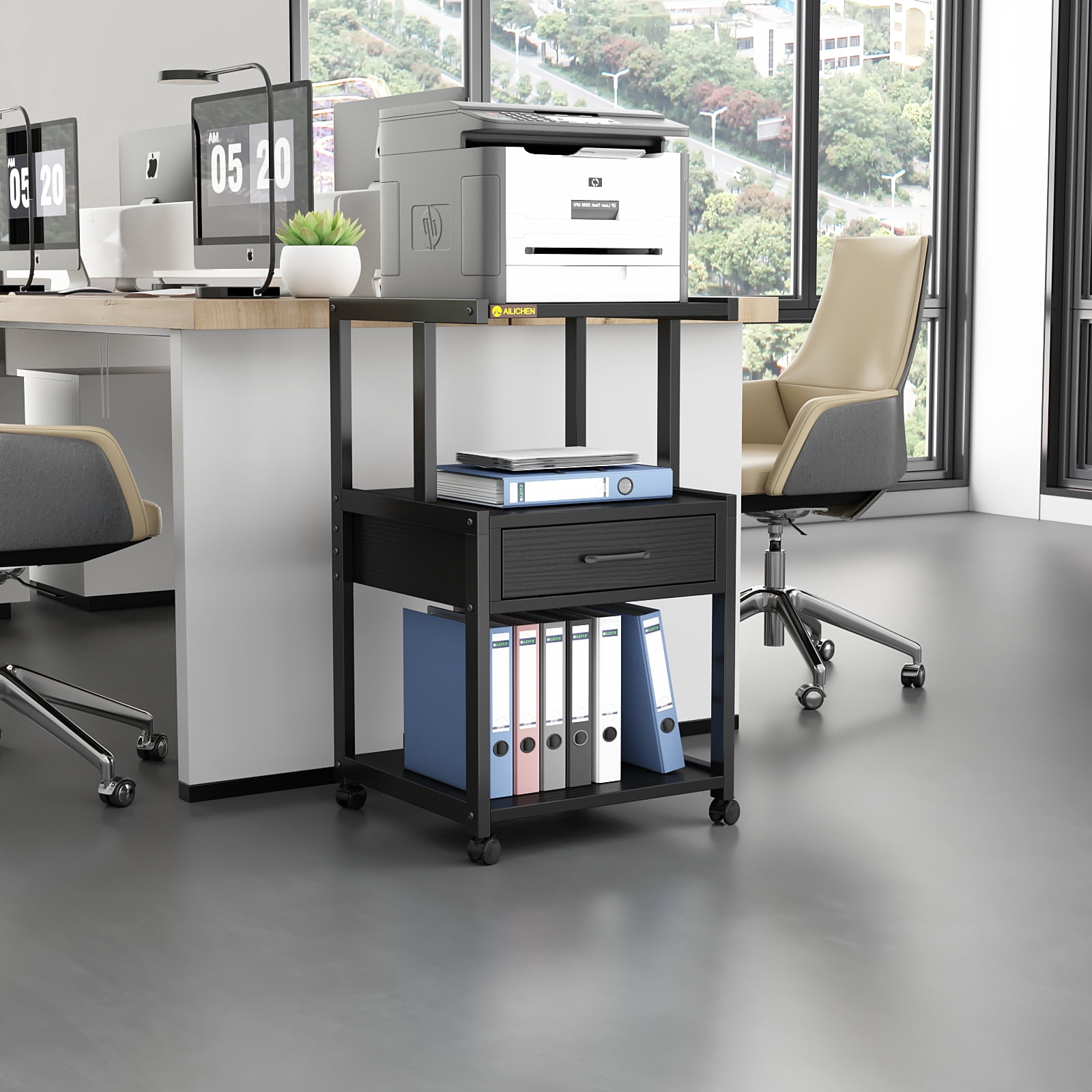 ALISENED 3-Tier Mobile Printer Stand with Storage Rolling Floor-Standing Deskside Shredder Storage Shelf Rack for Home Office,Study,Living Room