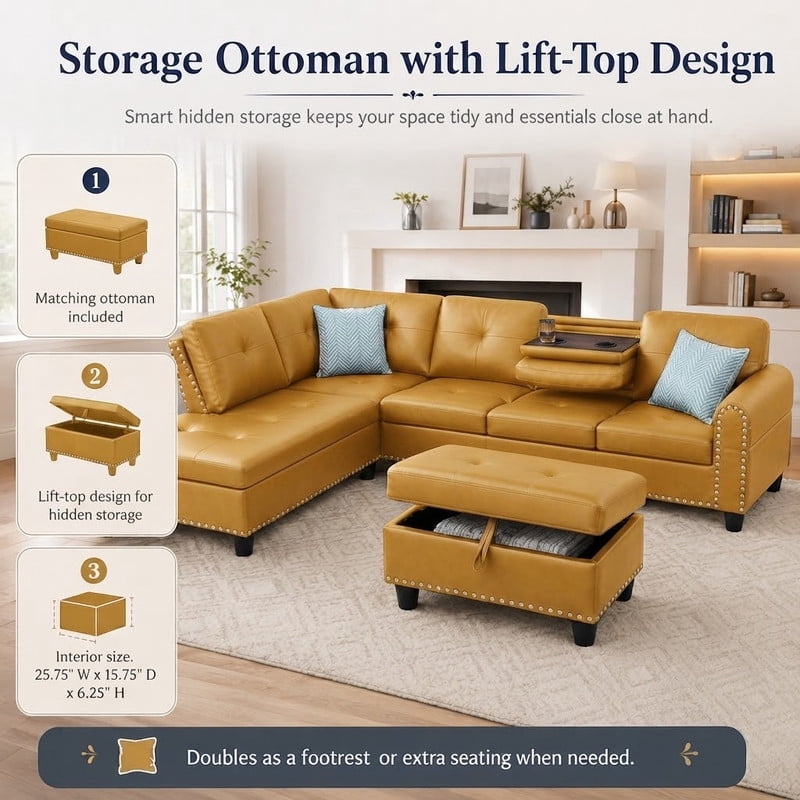 L-Shaped Sectional Sofa with Storage Ottoman, 4-Seat Modern Couch with Left-Facing Chaise and Built-In Cup Holders, Faux Leather Modular Sofa for Living Room, Apartment, Office