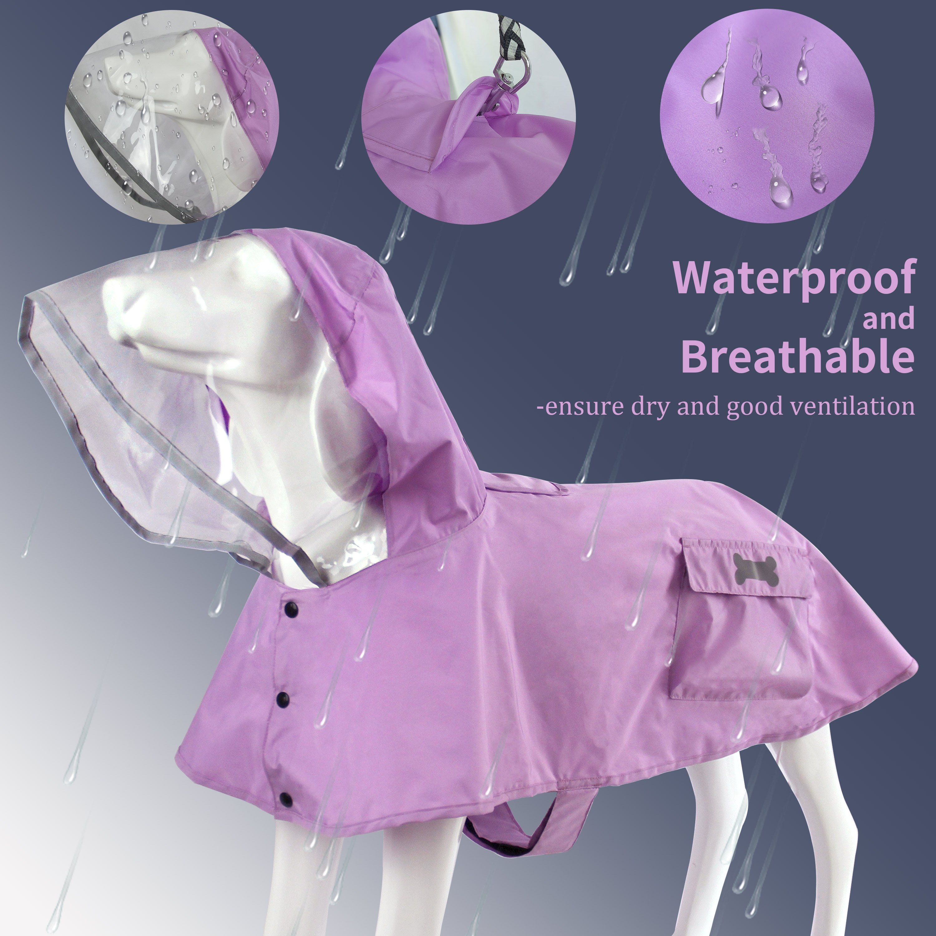 MAMORE Waterproof Dog Raincoat with Reflective Hood photo 2