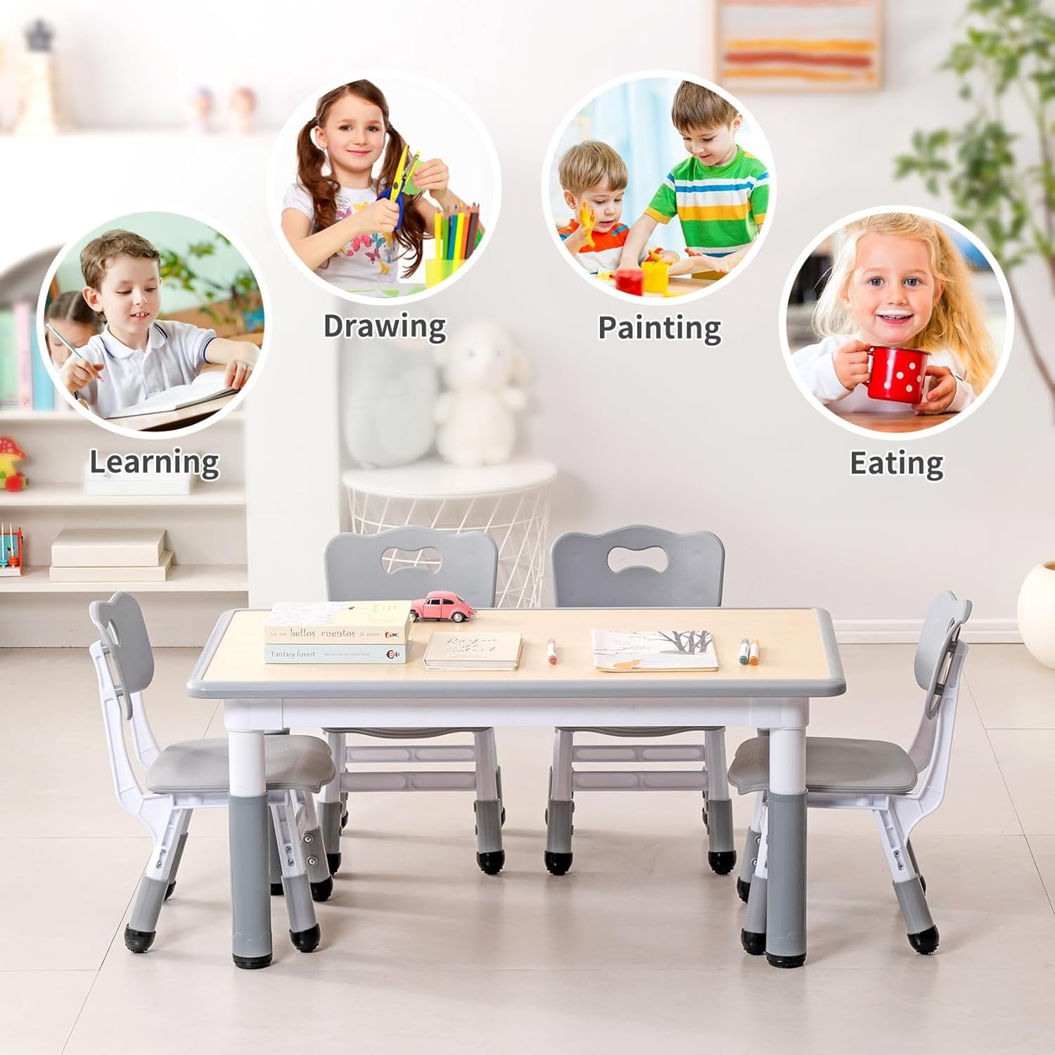 HWong Kids Table and Chairs Set, Height Adjustable Multi-Activity Preschool Table with Graffiti Desktop for Ages 2-8 - Versatile Kids Tables for Play, Learning, and Creativity(Maple Top/Gray Border)