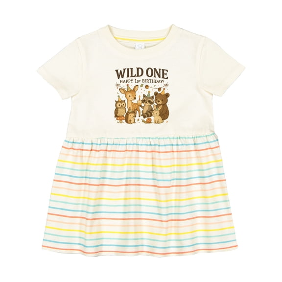 Inktastic Wild One Happy 1st Birthday Woodland Animals Girls Baby Dress