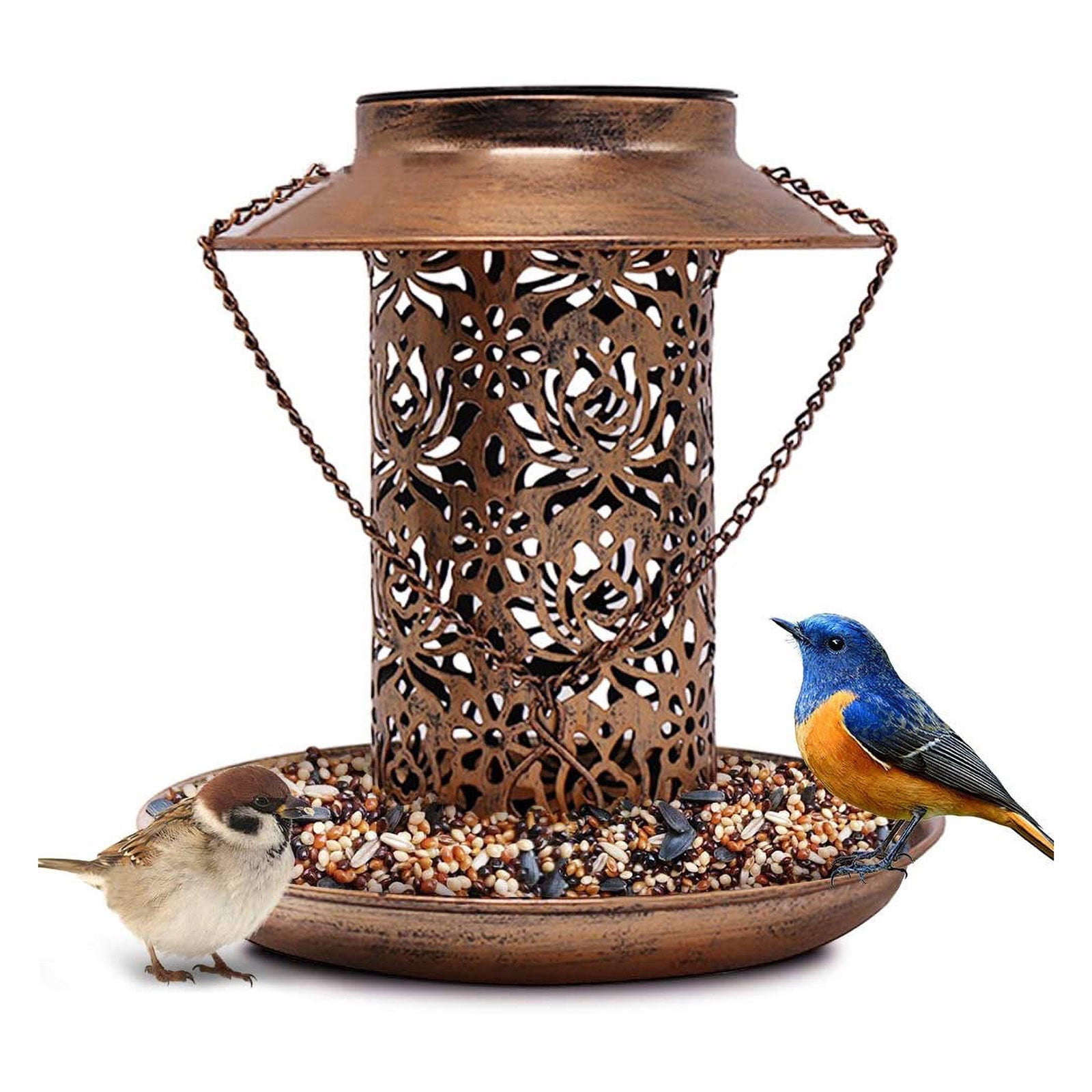 Gyedtr Outdoor Solar-Powered LED Wrought Iron Bird Feeder with Hanging Designs & Night Lighting, Antique Style with Lamp Pillar Shape and Carving Hollow Patterns