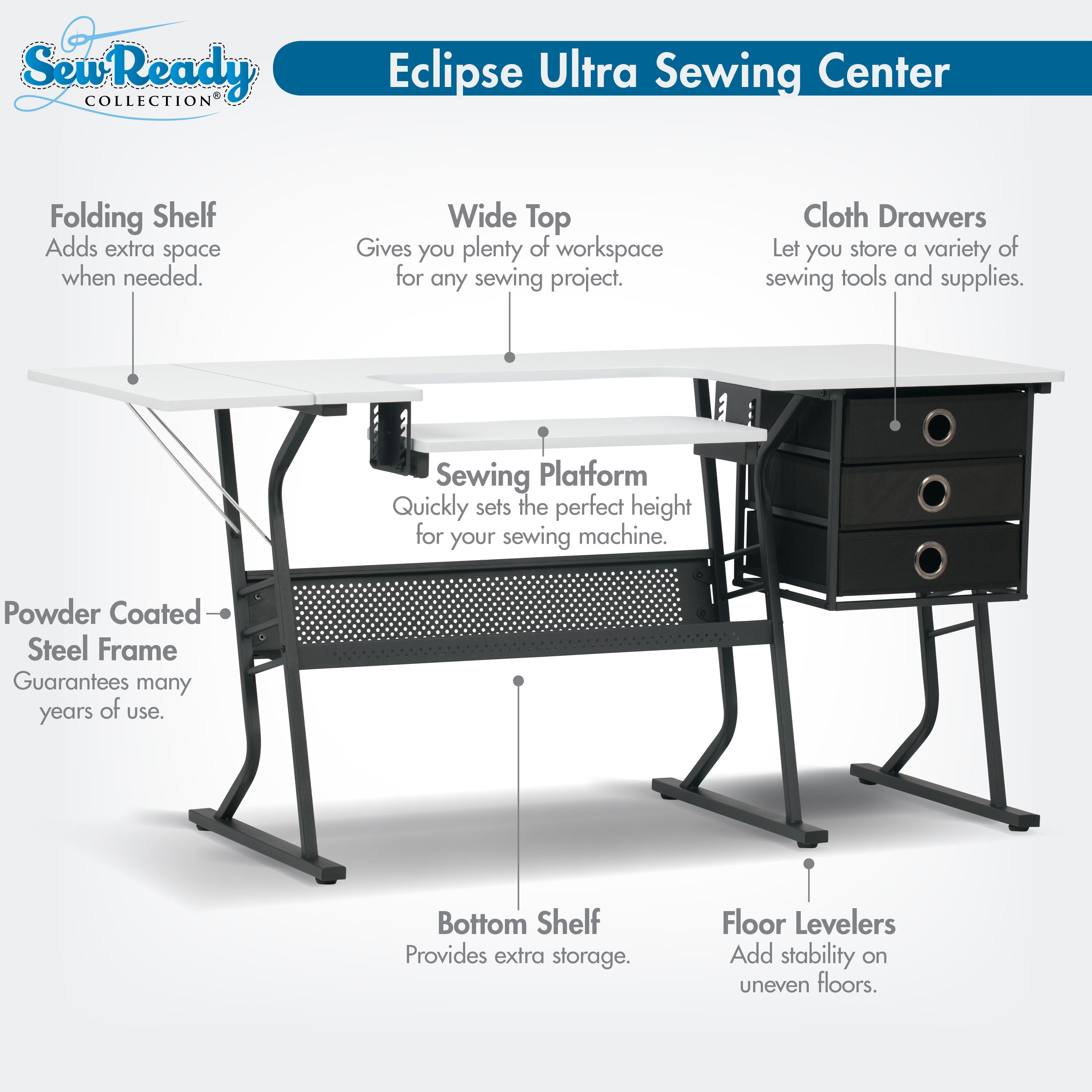 Sew Ready Eclipse Ultra Hobby/Office/ Sewing Desk with Height Adjustable Platform and Storage Black/White
