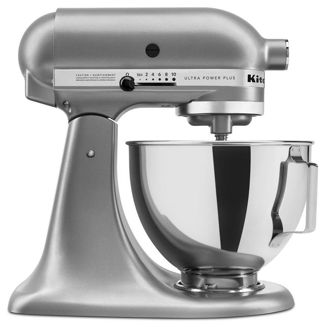 Silver KitchenAid Ultra Power Plus Series 4.5-quart tilt-head stand mixer featuring a stainless steel mixing bowl and speed control knob