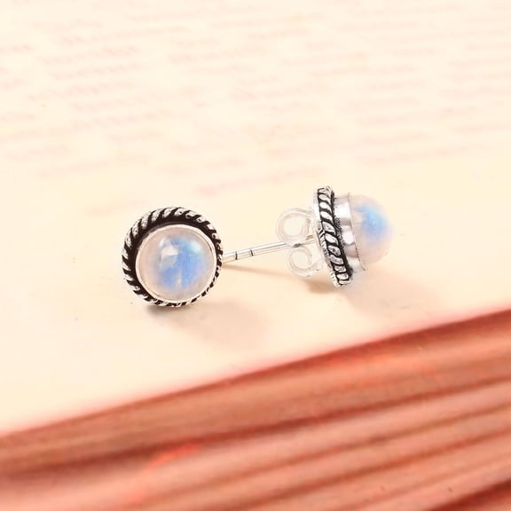 Rainbow Moonstone Stud Earrings – 925 Sterling Silver Natural Moonstone Round Studs, Minimalist Blue Flash Gemstone Jewelry for Women