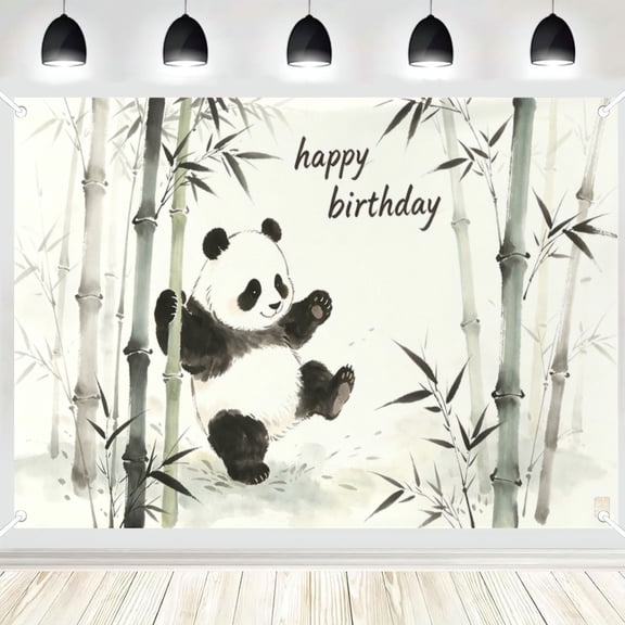 Ink Wash Panda Bamboo Birthday Backdrop, Oriental Style Party Photography Background Decor 3x5ft