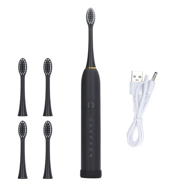 Cepillo de dientes eléctrico IPX7, resistente al agua, 6 modos, recargable, automático, con 4 cabezales, color negro